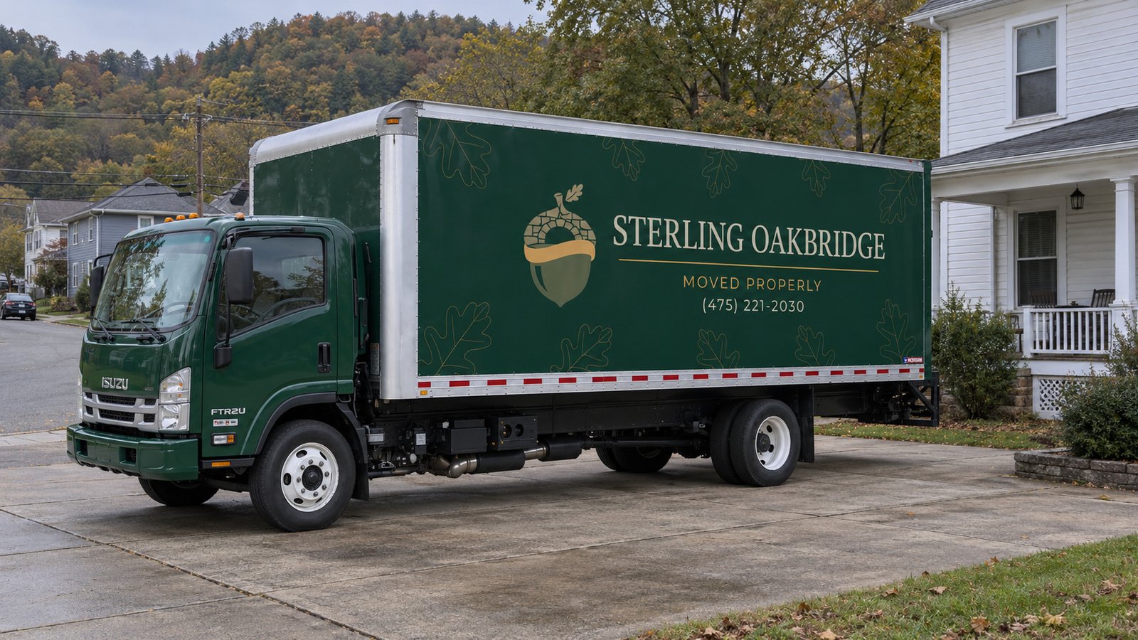 Agree the vehicle position A whole green Sterling Oakbridge FTR26 box truck on a paved residential apron.