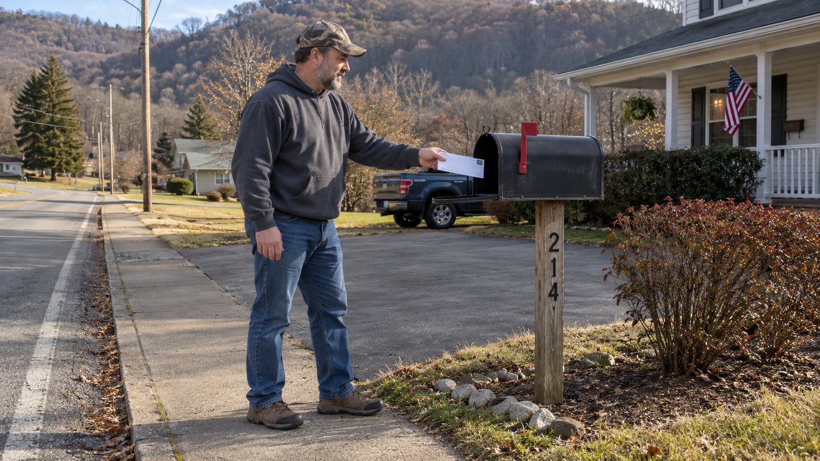 A whole resident places an envelope into a mailbox beside a connected sidewalk and driveway.