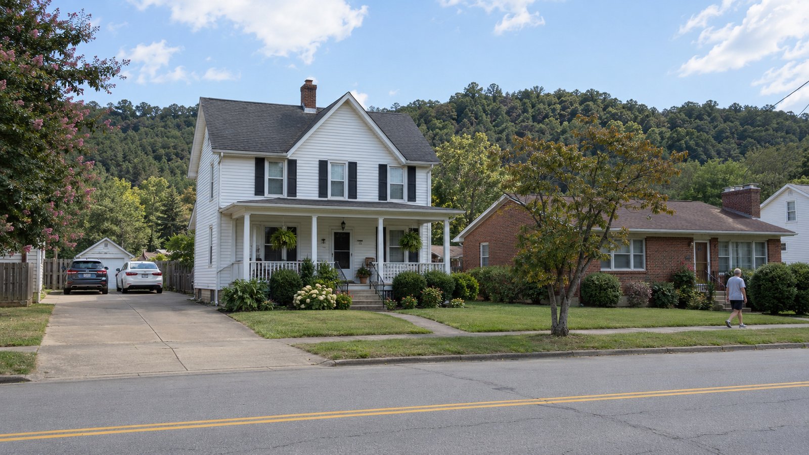 Check the property approach A full white porch house and neighboring brick home with two whole cars on a connected driveway.