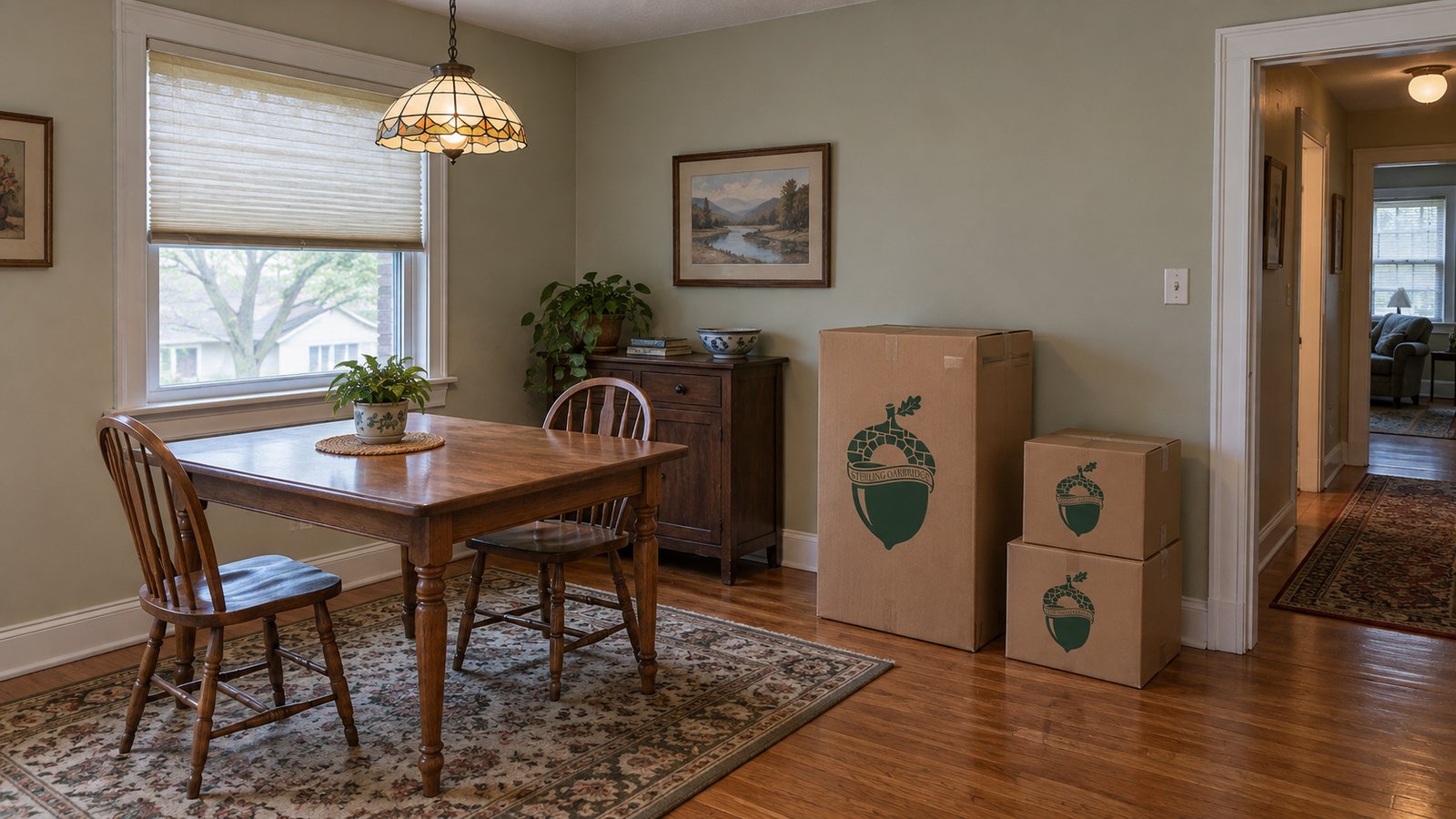 A complete dining nook with one closed kraft China carton and two smaller Book cartons.