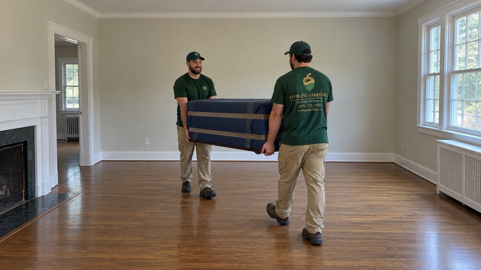 Prepare furniture before carrying Two whole male movers carry one independently blanket-wrapped small chest across a clear room.