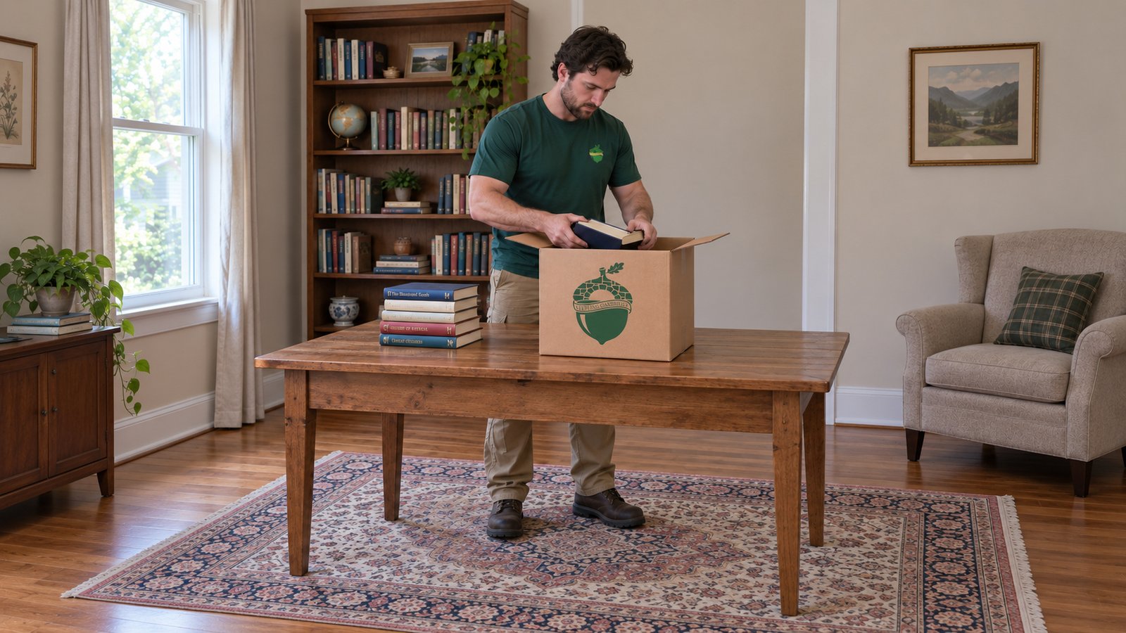 Prepare selected book packing A whole male company packer places books in a small kraft Book carton on a sturdy wooden table beside a partly stocked bookcase.