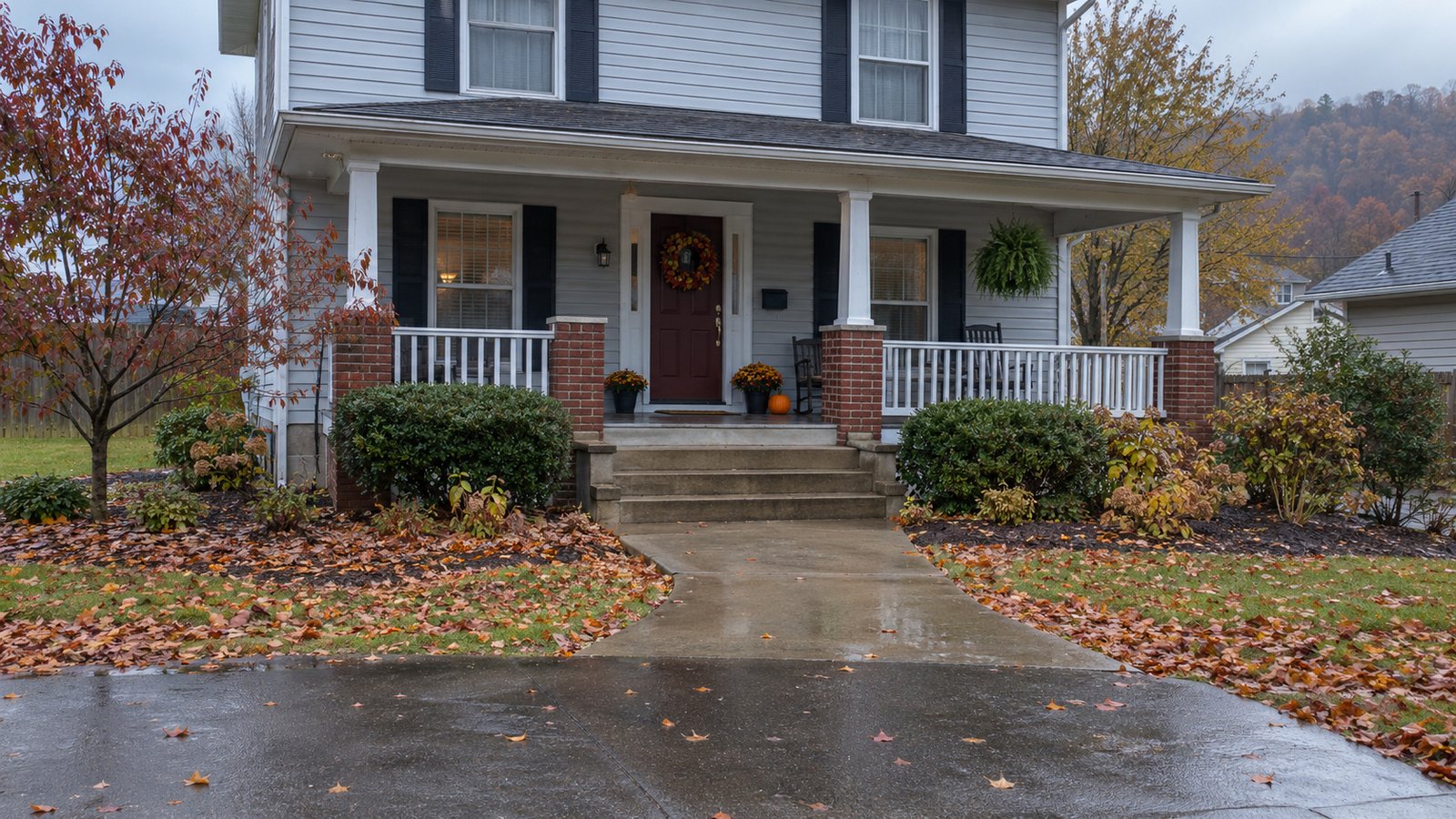 A whole covered porch and clear paved walking route after autumn rain.