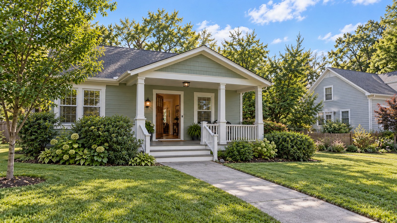 A porch approach and open entry An open front doorway reached by a small covered porch, steps and concrete walk.
