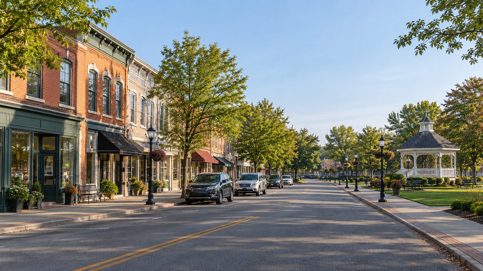 Storefronts, parked cars and a gazebo beside a quiet two-lane main street.