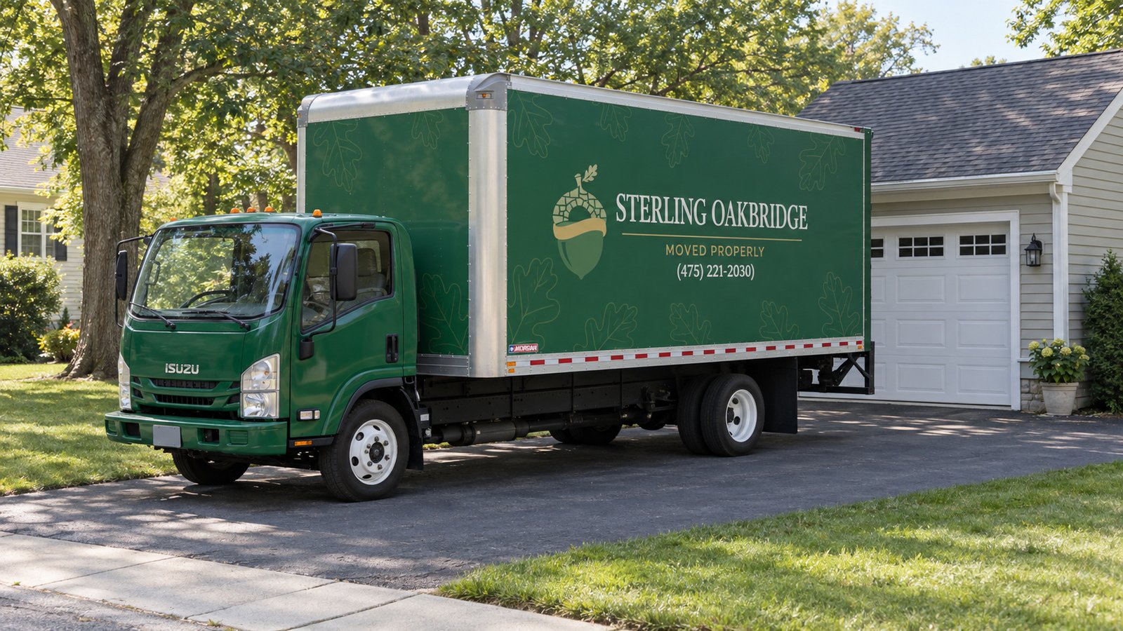 A moving truck on a private driveway A green Sterling Oakbridge Isuzu box truck standing on a paved driveway beside a garage.