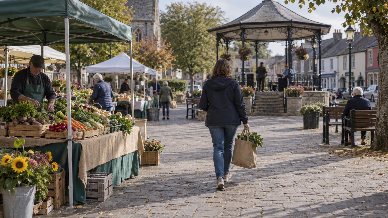 A shopper carrying a produce bag past market stalls toward a bandstand.