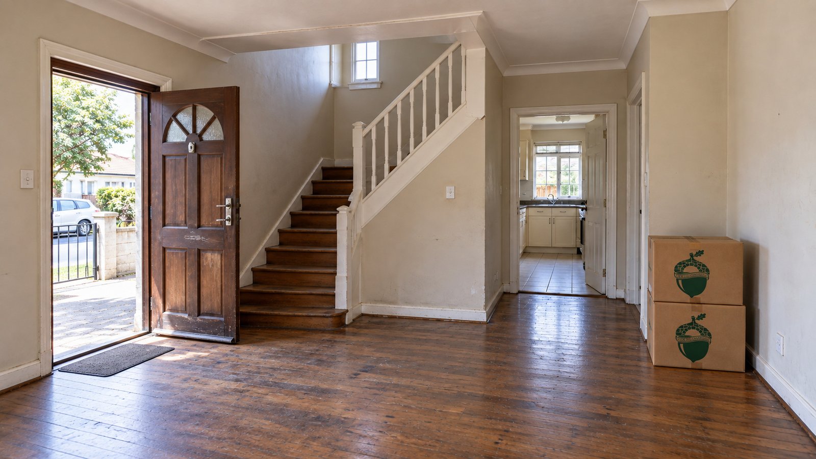 An open front door, wood staircase and two closed kraft cartons in an older house entry.