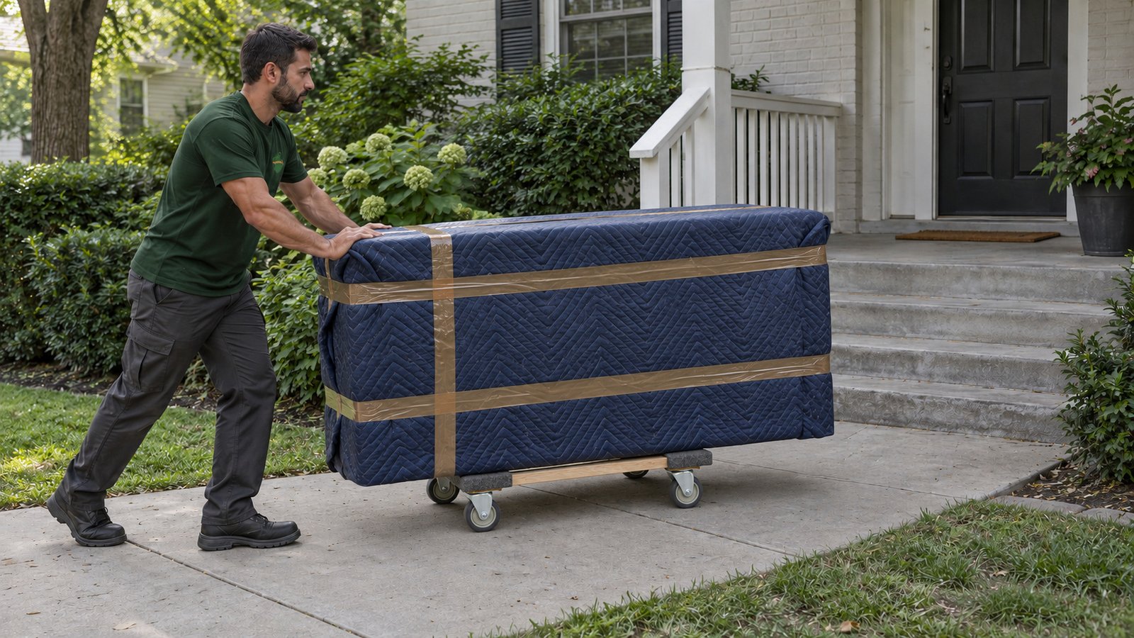 A protected dresser on a furniture dolly A male mover rolling a blanket-protected dresser along a level concrete approach.