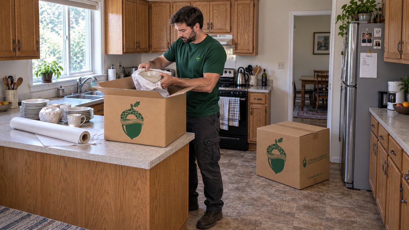 Kitchen dishes being packed A male packer in a green acorn shirt placing a paper-protected bowl into an open kraft carton.