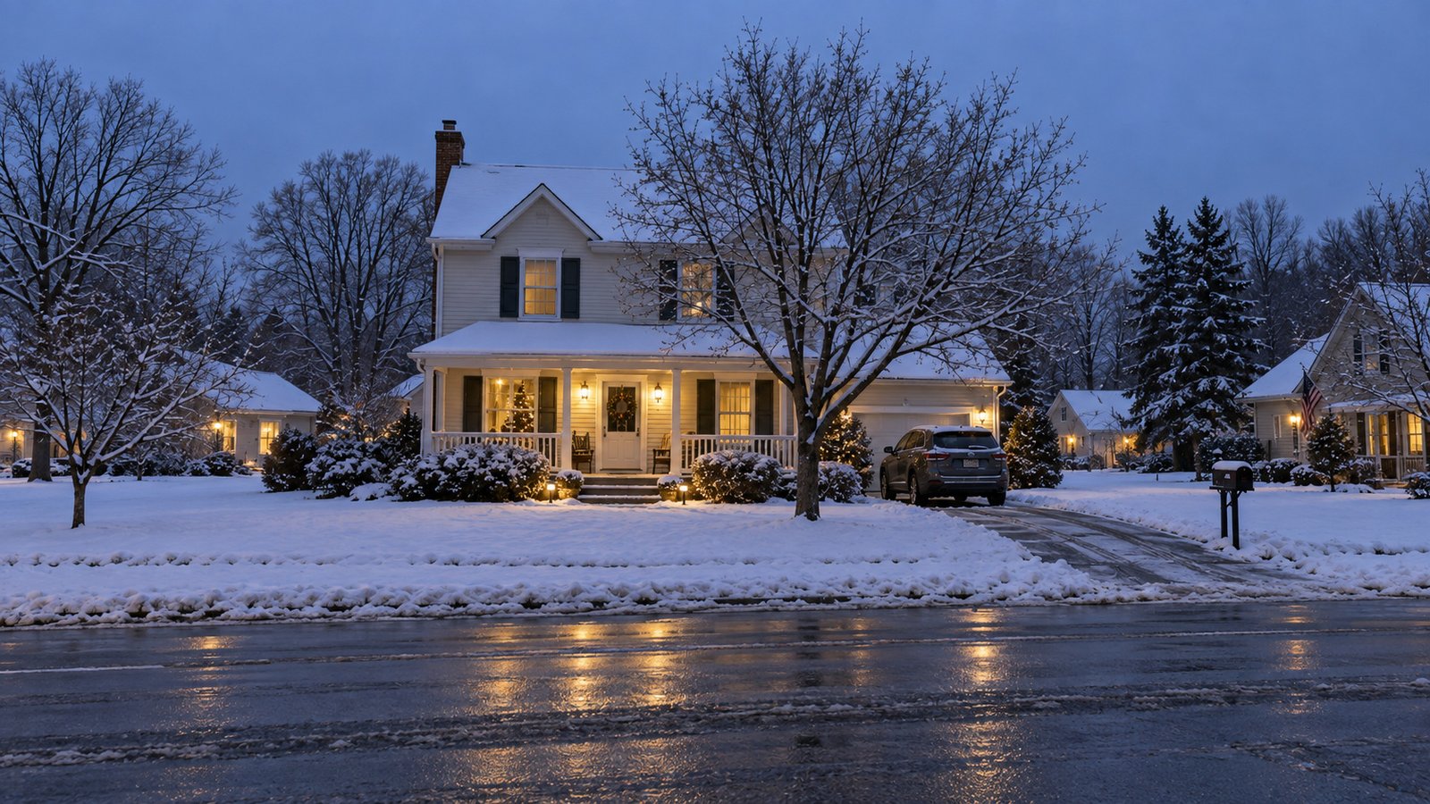 A porch-front home, snowy lawn and driveway at winter dusk with warm entry lights.