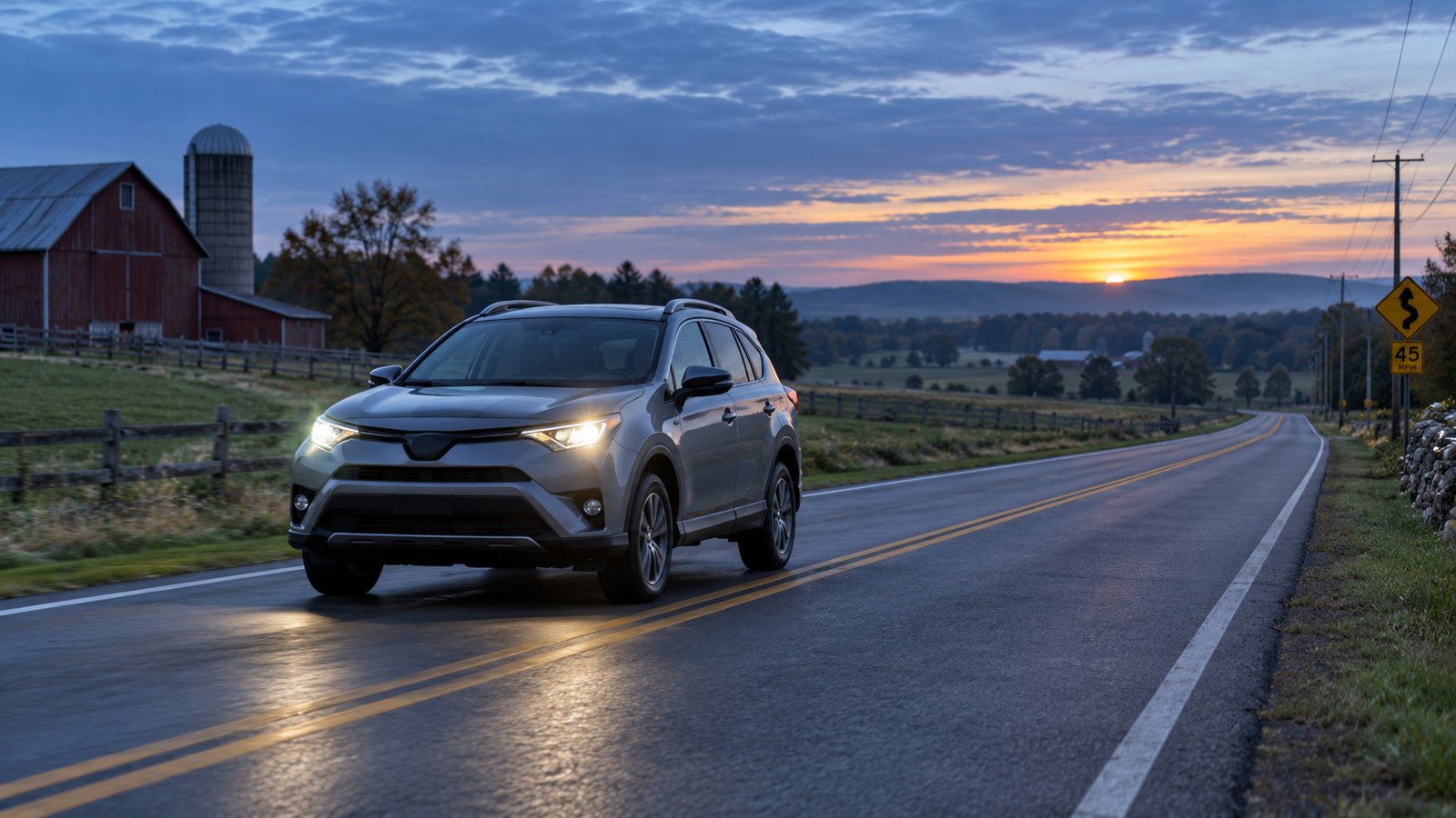 A car with its headlights on traveling along a two-lane road past farmland at dawn.