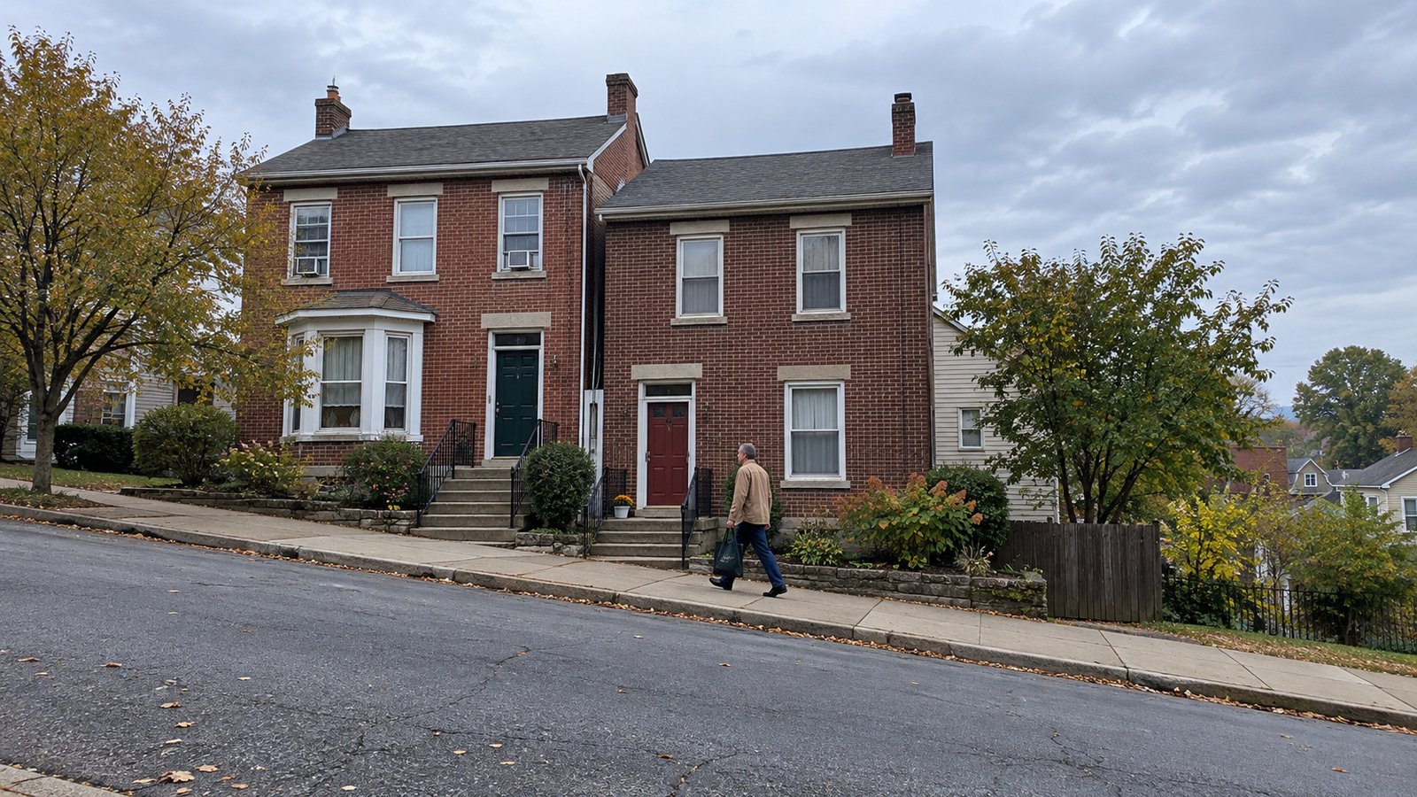 A whole man carrying a dark grocery bag walks uphill to the left past two complete attached brick homes on a sloping street.