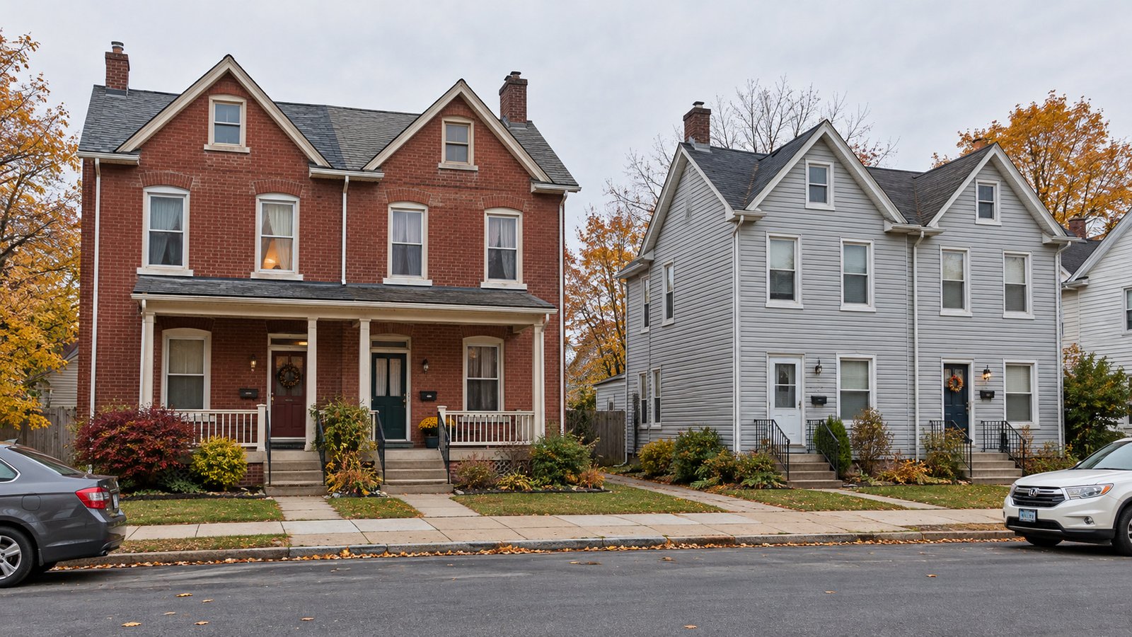 Include every entrance and occupied floor Two semi-detached house pairs, one brick and one grey-sided, have separate front entrances beside a continuous sidewalk.