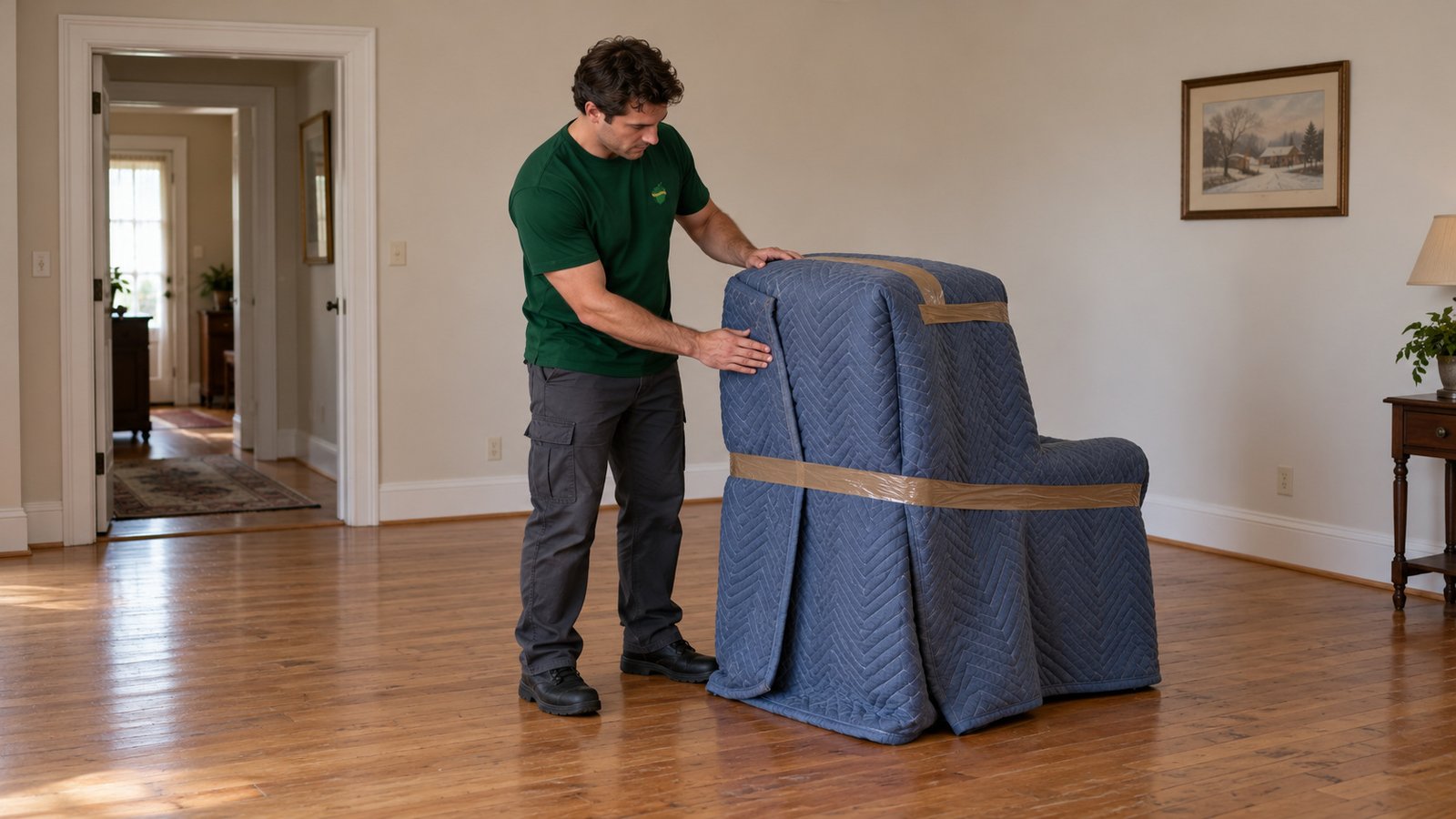 Check the blanket enclosure A mover checks overlapping quilt panels and brown securing tape on a fully covered upright chair beside an open doorway.