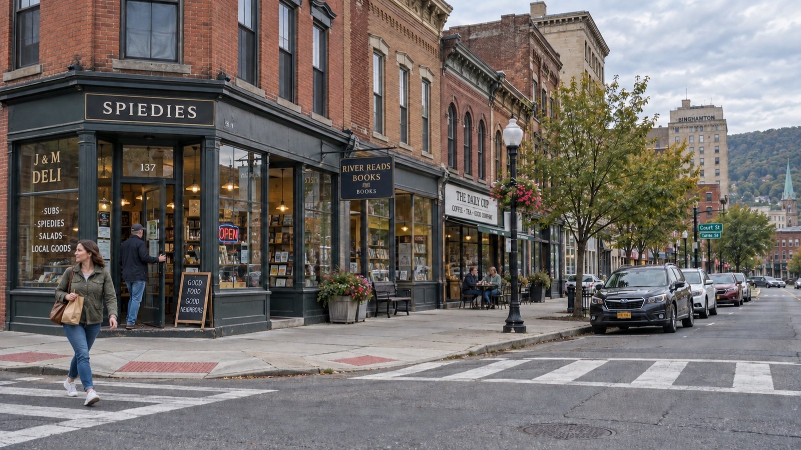 A small-city commercial corner with older brick buildings and distant pedestrians.