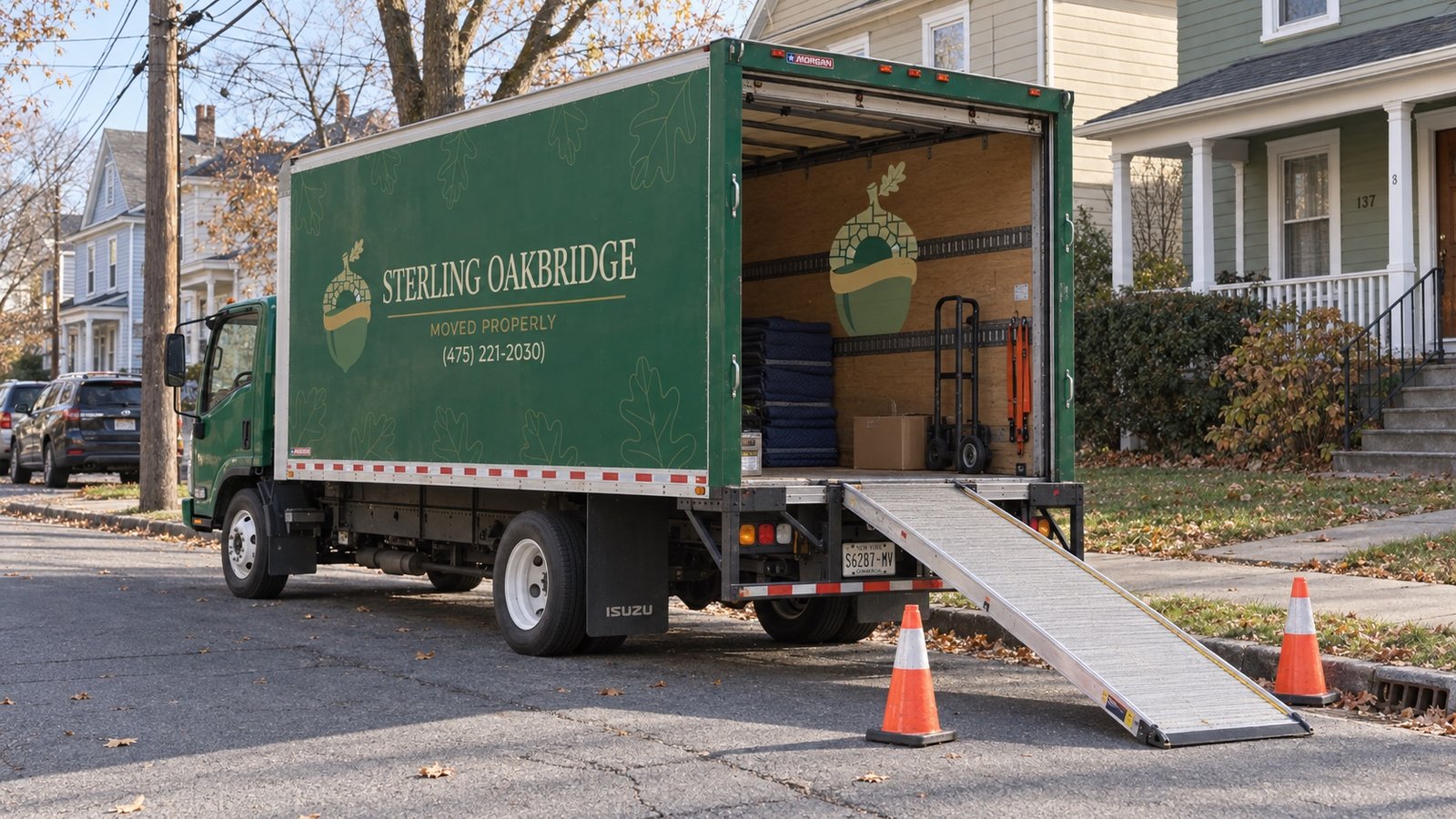 A dark green moving truck with an open rear door and a ramp resting at a residential curb.