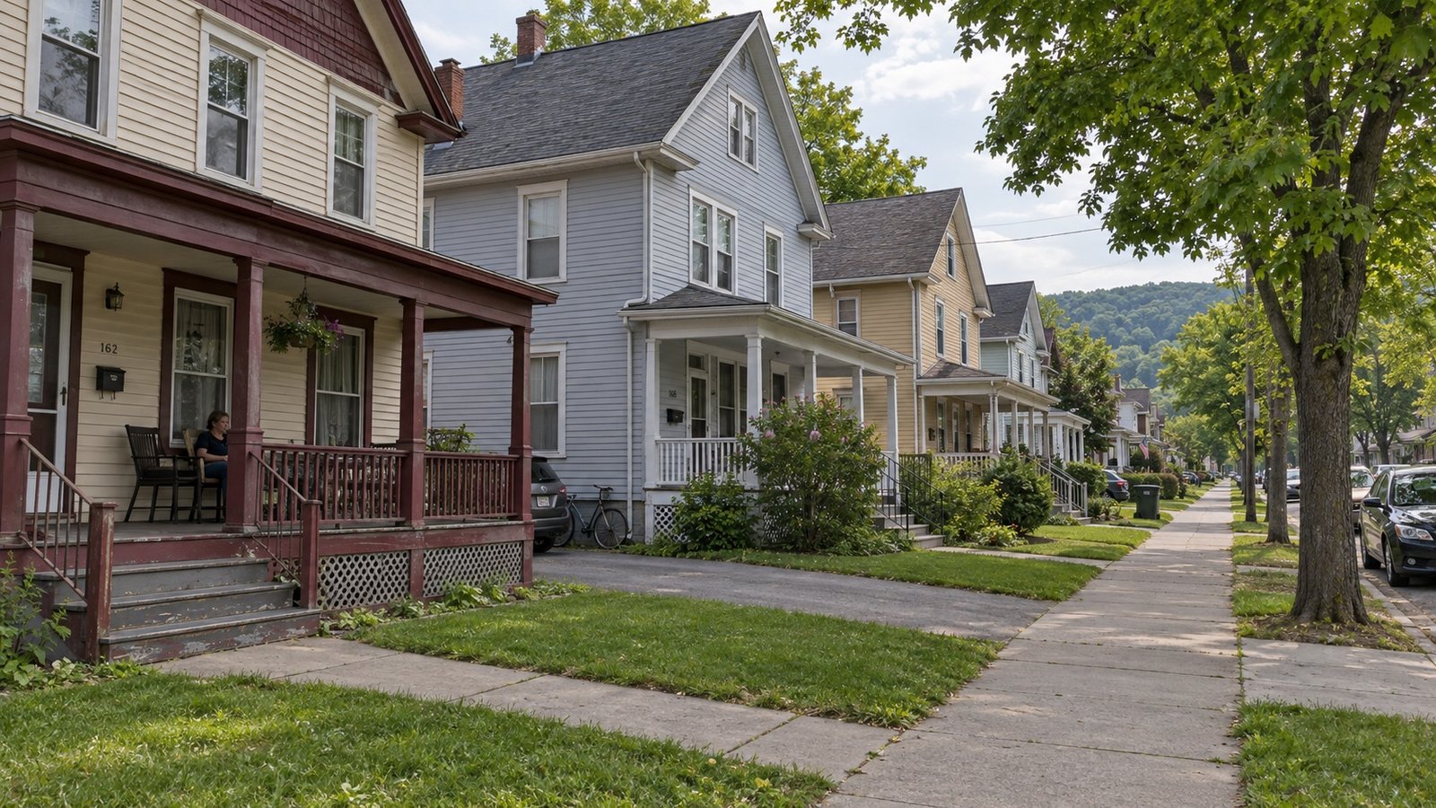 A residential street of older frame doubles with porches and parked cars.
