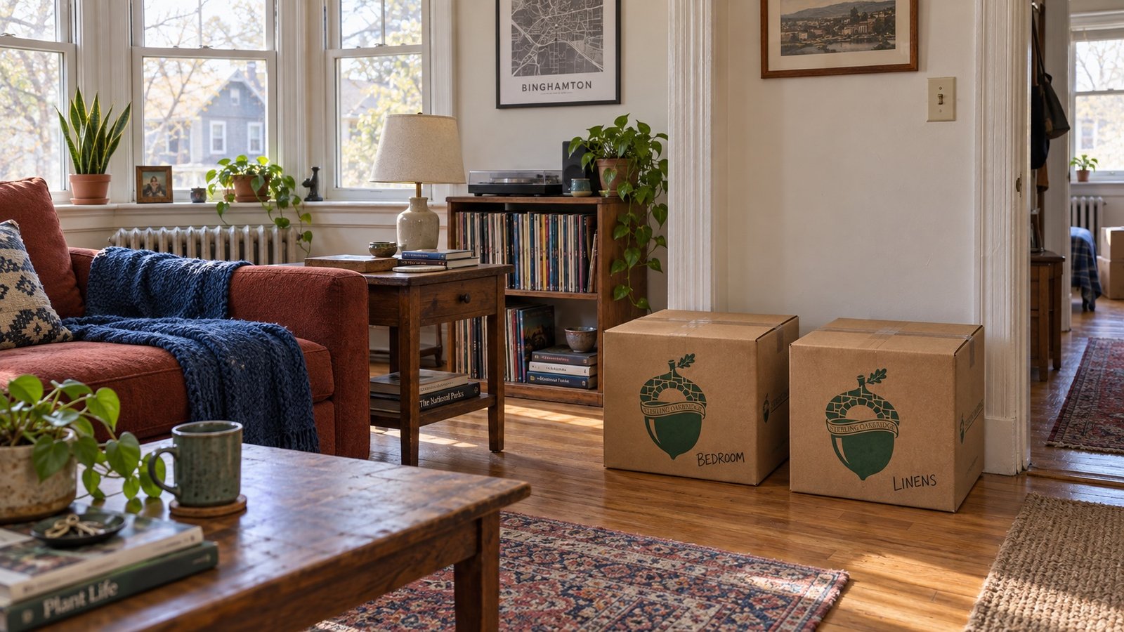 A furnished living room in an older apartment with sealed moving boxes by the wall.