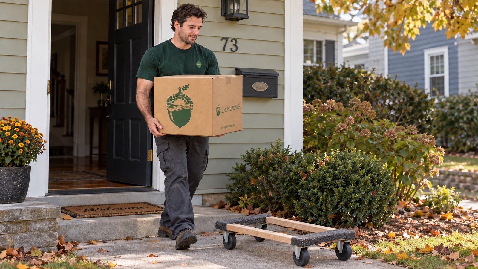 Mover carrying a branded carton from a house doorway toward an open-frame wooden furniture dolly
