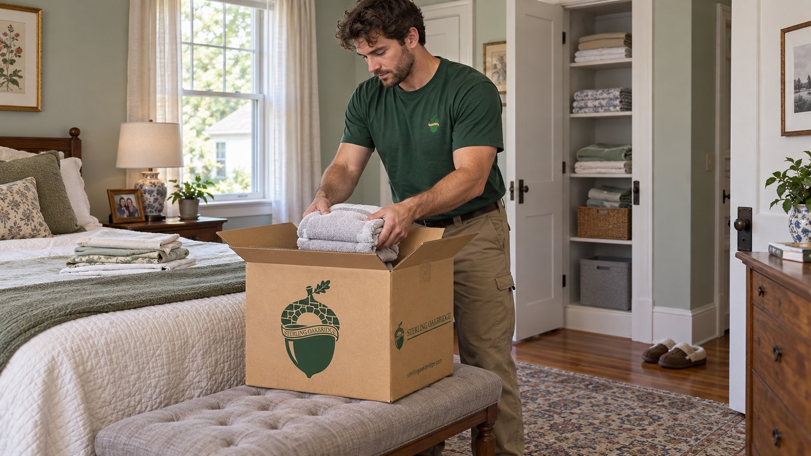 A Sterling Oakbridge mover placing folded towels into a branded medium carton supported on a bedroom bench.