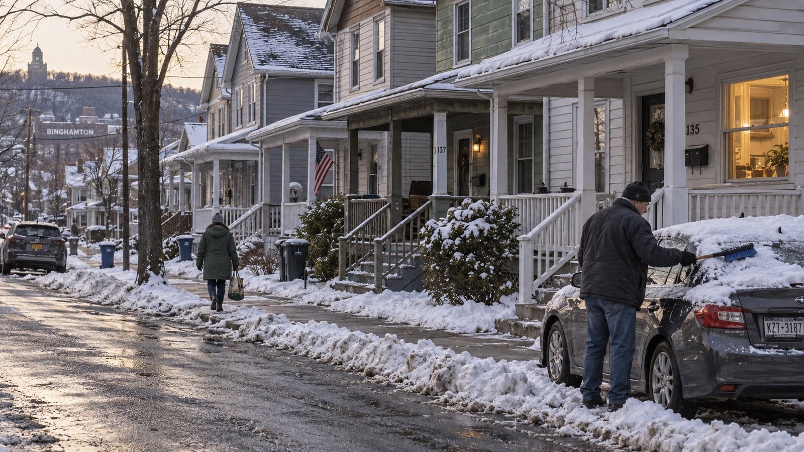 A residential street after snowfall with plowed piles and cleared sidewalks.