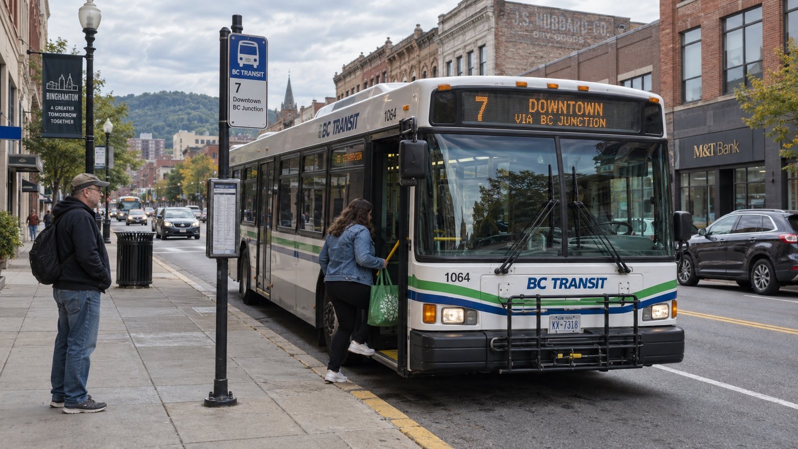 A small-city street with a local bus among older commercial buildings.