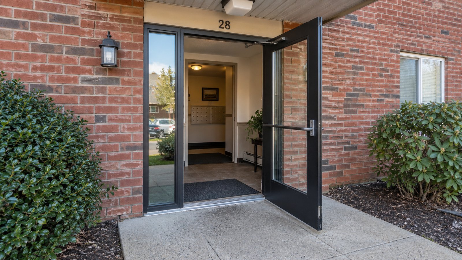 Trace the entrance route An open single glazed entrance door with a fixed narrow sidelight and clear level route.