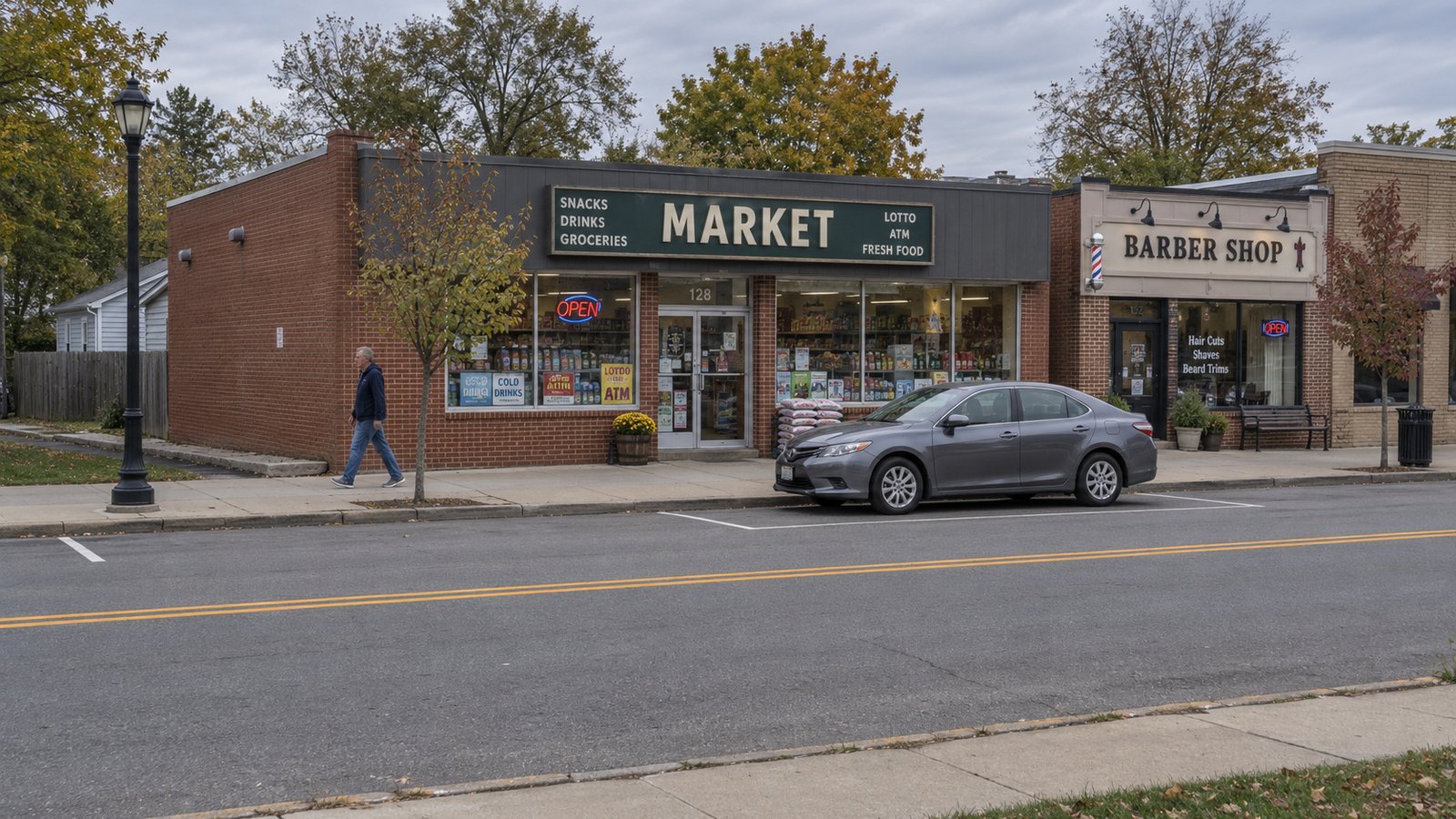 A complete brick market frontage, whole parked gray sedan and pedestrian beside a continuous sidewalk.