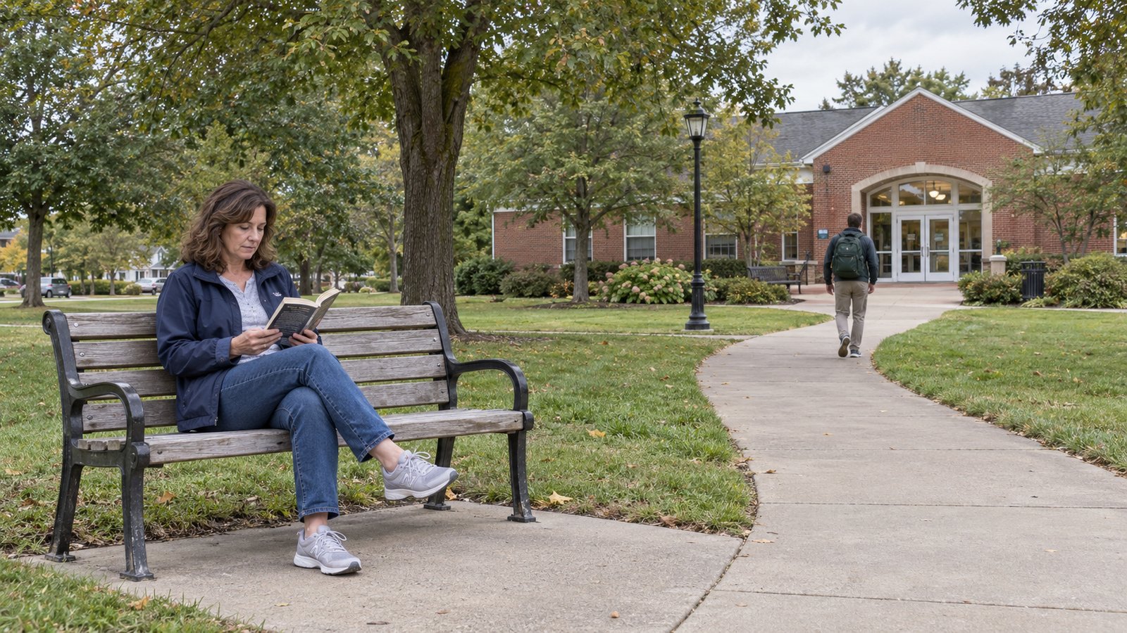 A woman reading on a whole wooden bench while a man with a backpack walks along a park path.