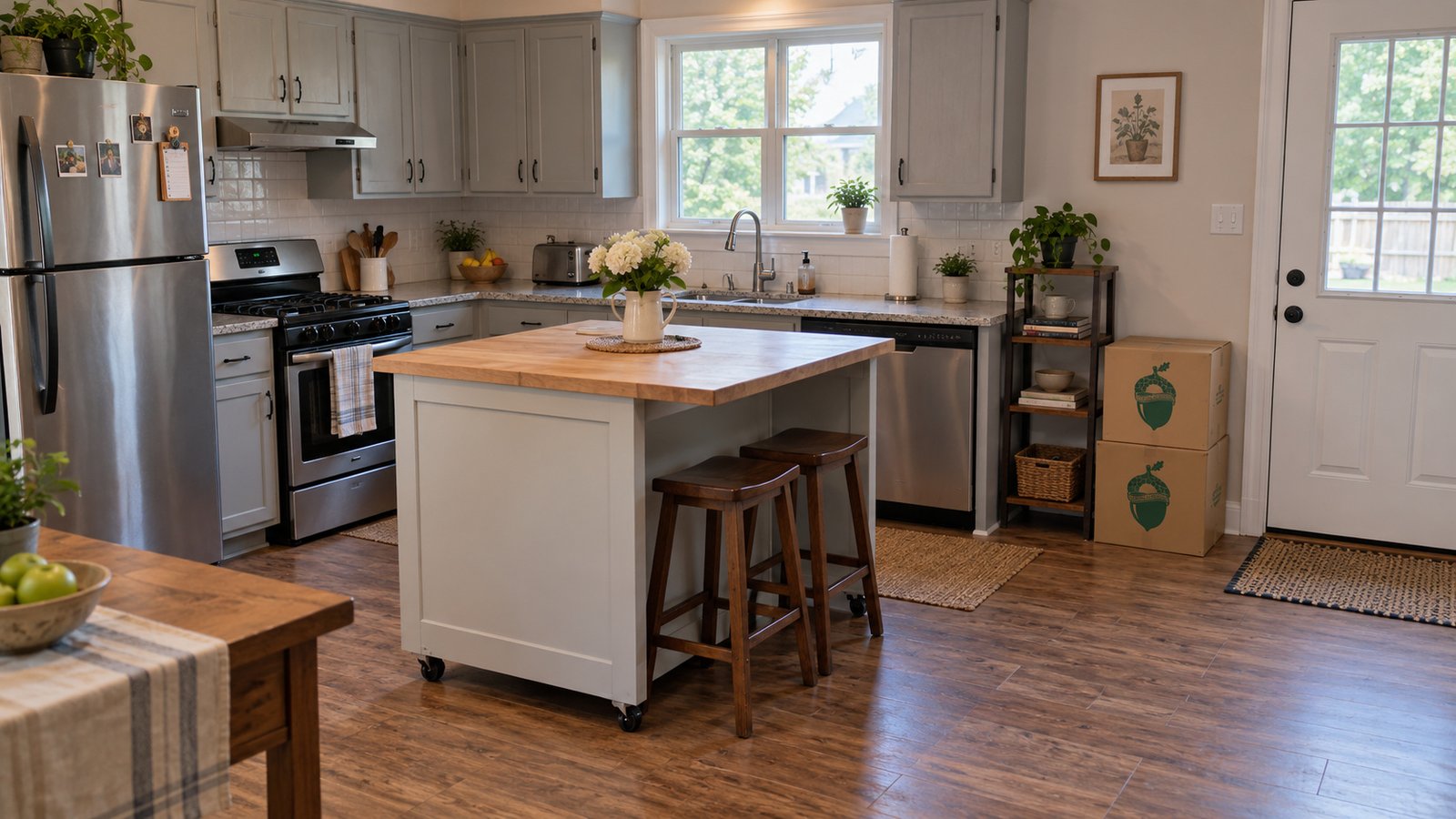 A complete kitchen island with two stools and two closed kraft cartons against the back wall.