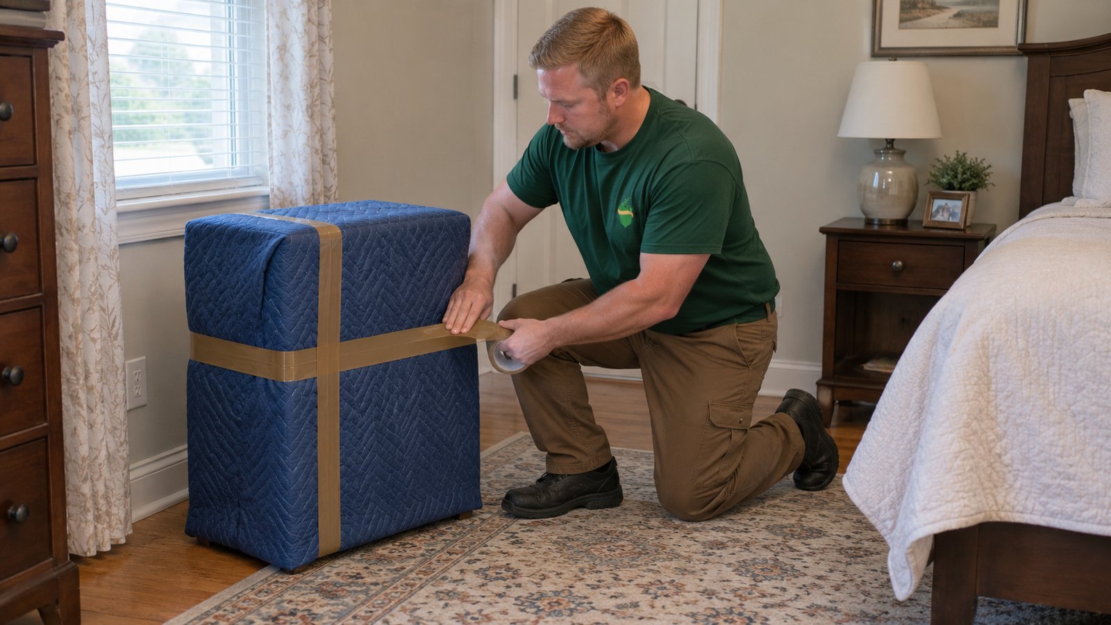 Prepare furniture protection A male mover kneeling beside a compact padded chest and securing its blanket with brown tape.