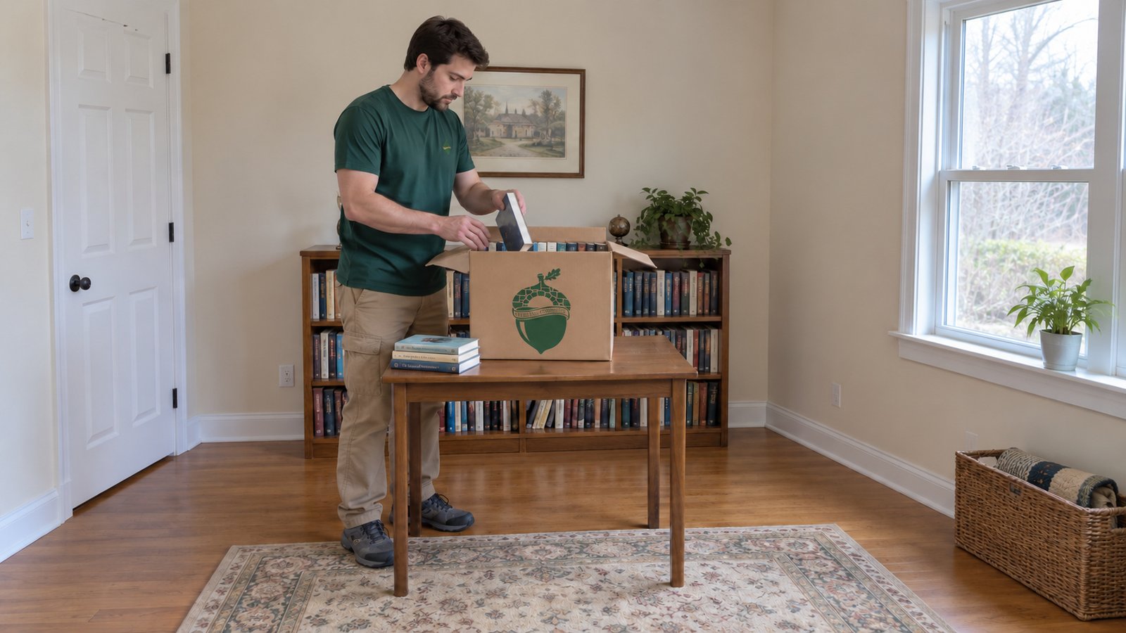 Choose the packing scope A male packer placing a book into an open kraft carton on a complete small wooden table.