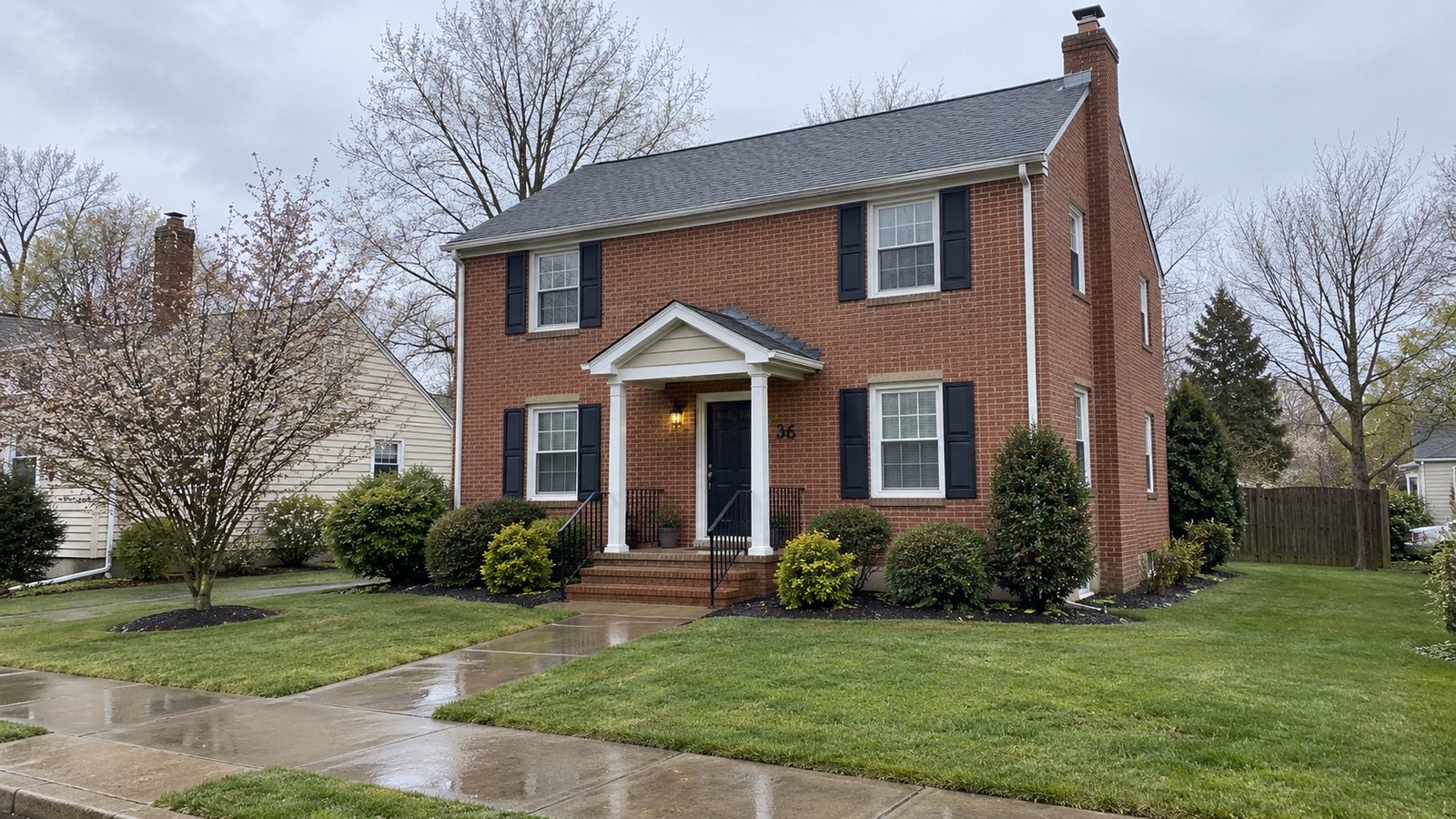 A whole red-brick house with chimney cap and a damp front path leading to porch steps.