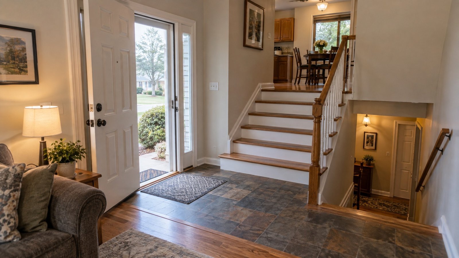 Landing turns and stairs A split-level entrance landing between an upward and a downward stair run, with handrails and an open front door.