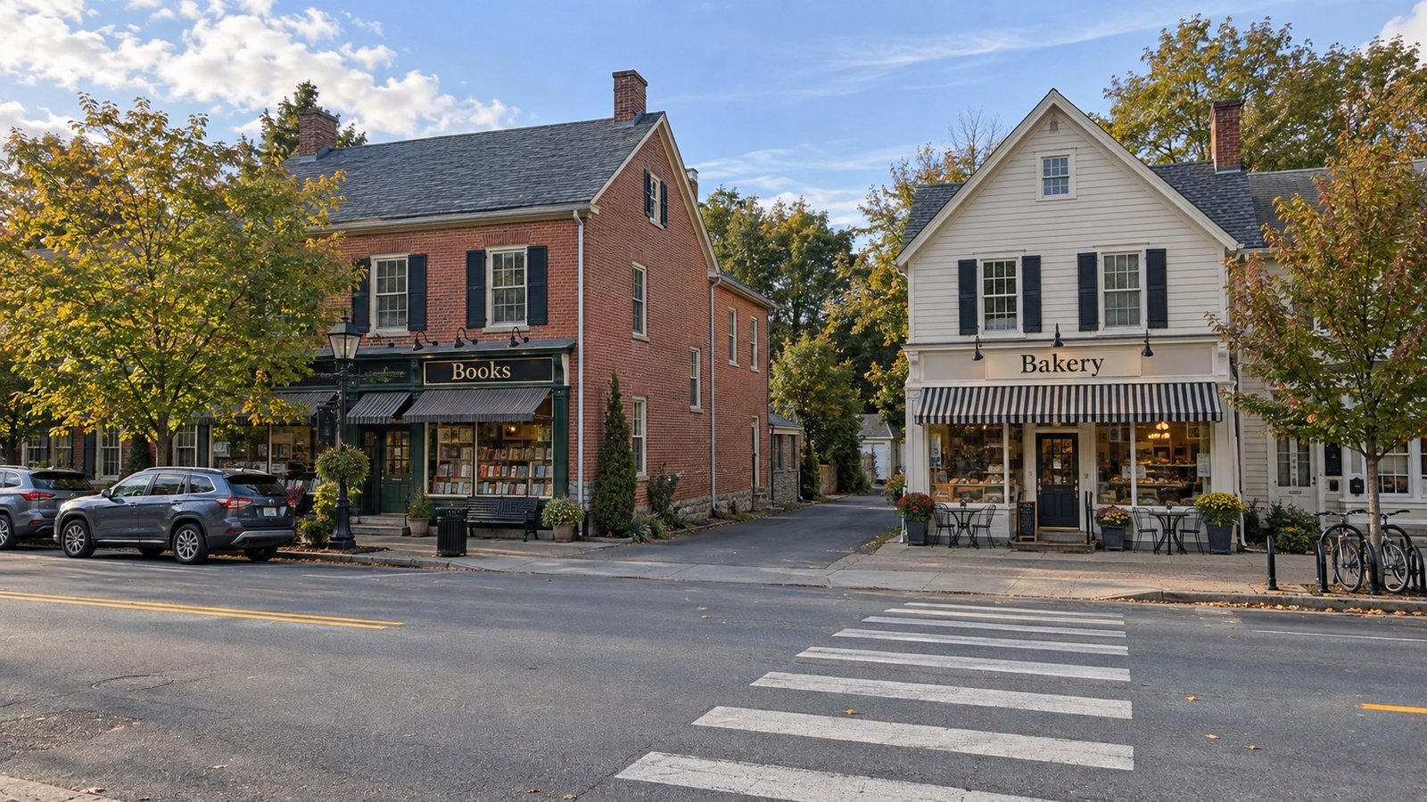Brick and clapboard storefronts with Books and Bakery signs, a side alley and a clear pedestrian crossing.