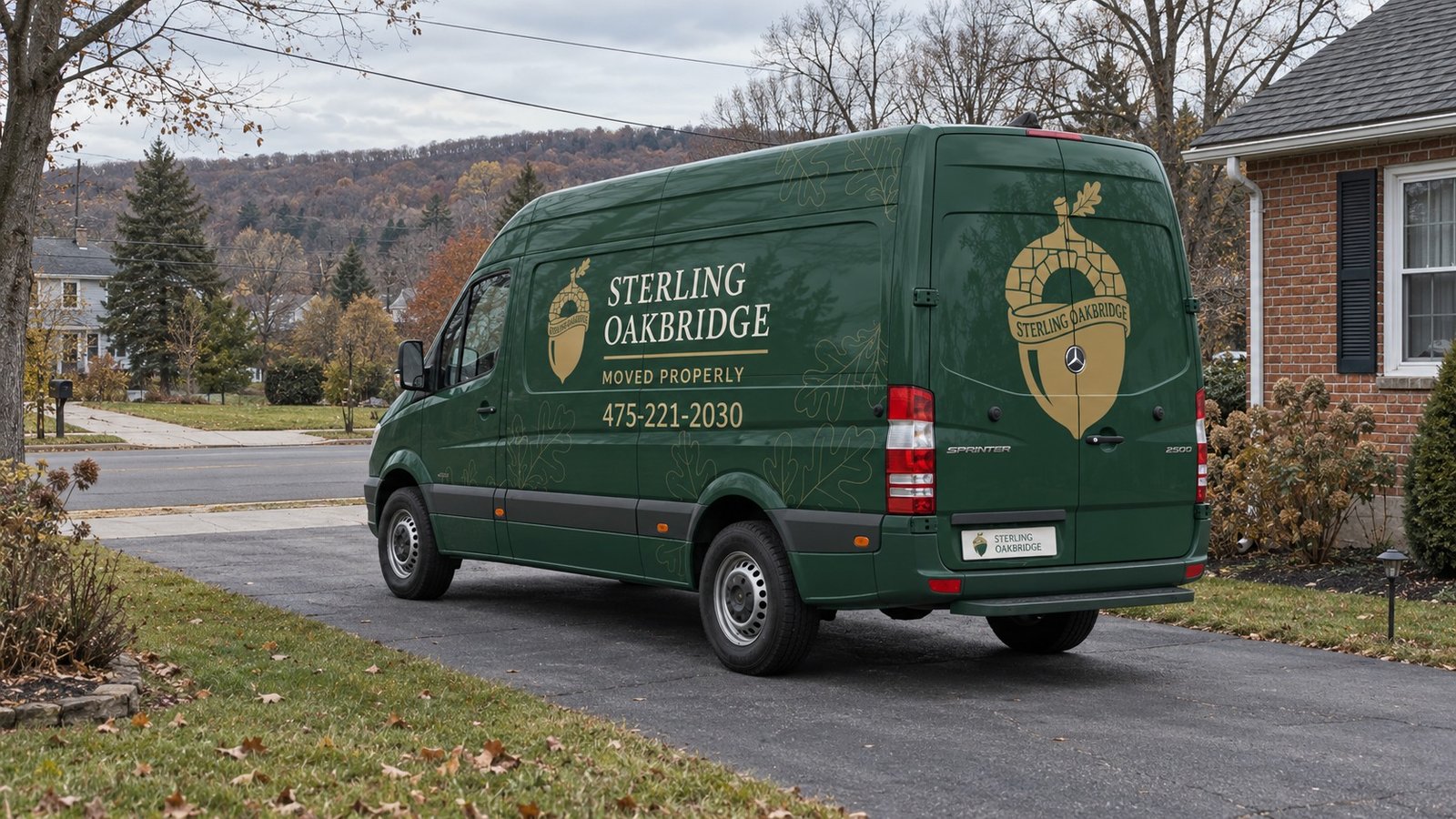 The loading-position check A complete green Sterling Oakbridge Sprinter viewed from the rear quarter on a private driveway, with the street beyond.