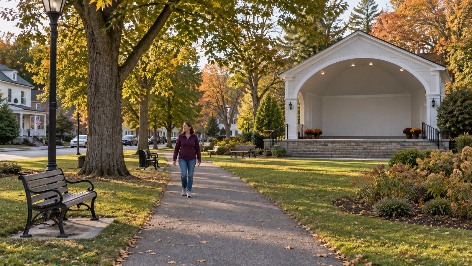 A woman walking on a village park path past benches and a simple bandshell under mature trees.