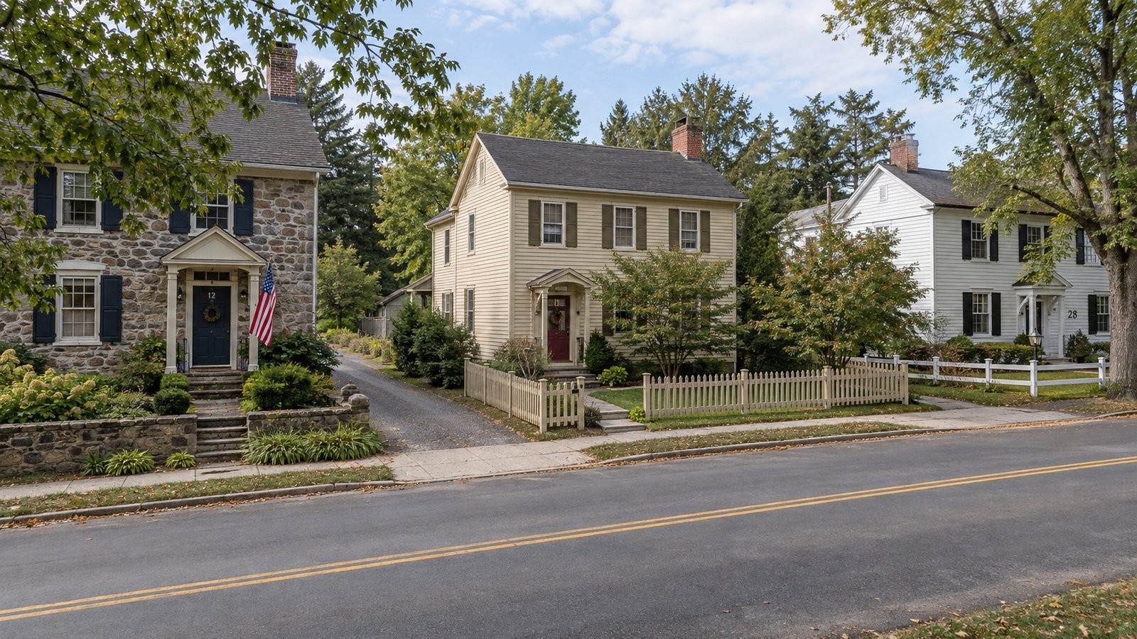 The property approach Three distinct older houses, small front yards, paths and driveways beside a village road.