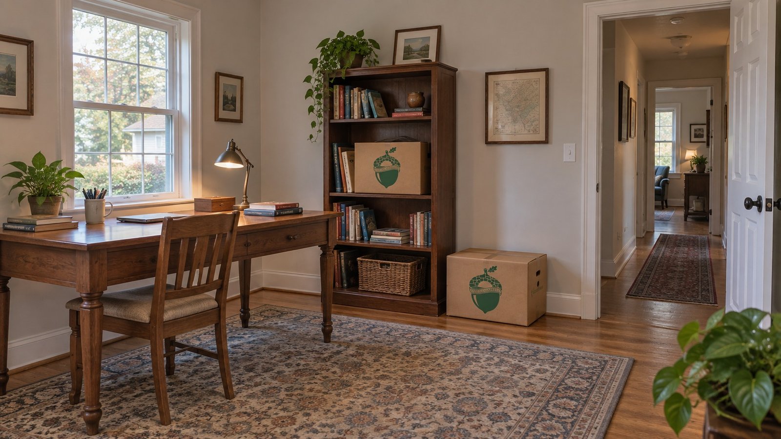 A home study with wood desk, bookcase and two closed small kraft Book cartons beside a clear doorway route.