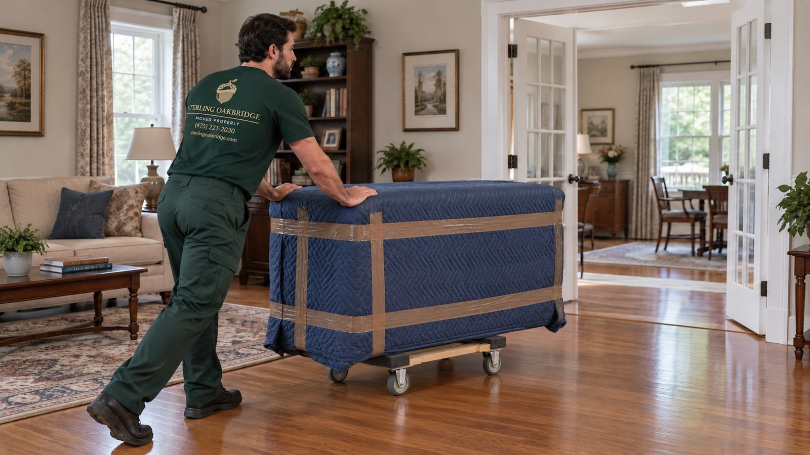 The level rolling route A male mover pushing a quilted-blanket-protected cabinet on a wood furniture dolly toward a double doorway.