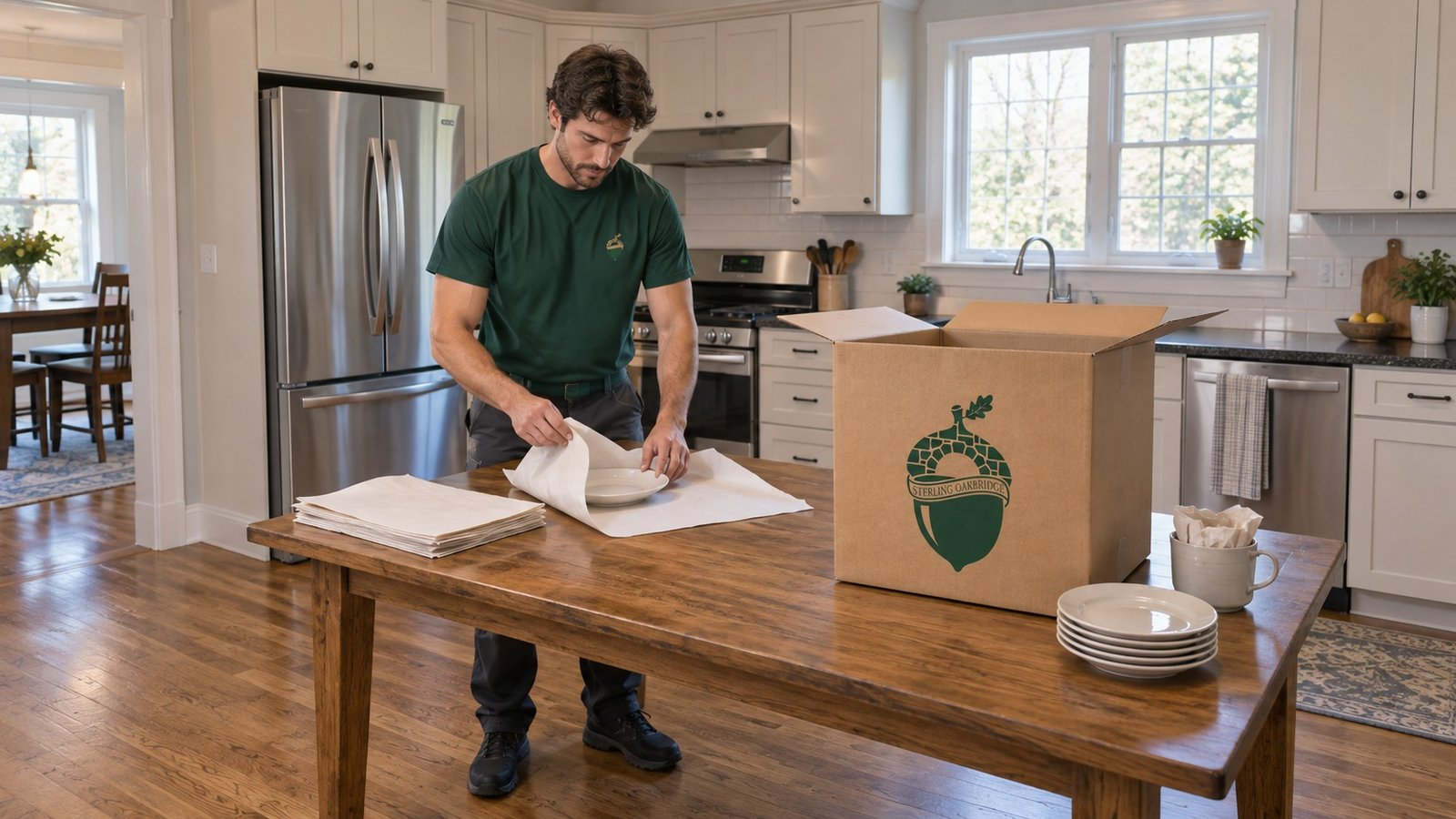 Packing the kitchen A male mover wrapping a ceramic plate in flat paper sheets beside an open tall kraft China carton on a kitchen table.
