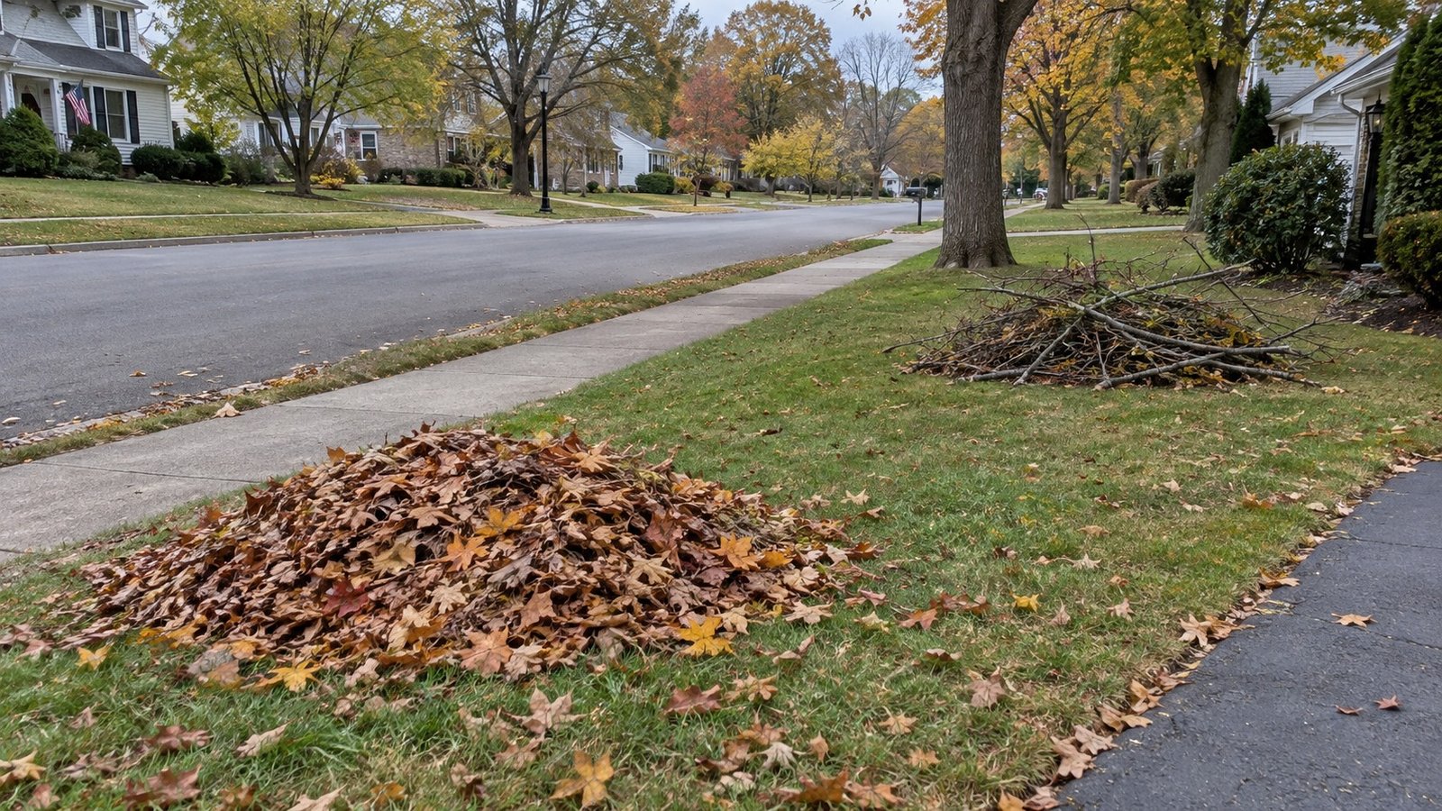 Separate loose-leaf and brush piles on grass beside a quiet autumn street, with sidewalk and road clear.
