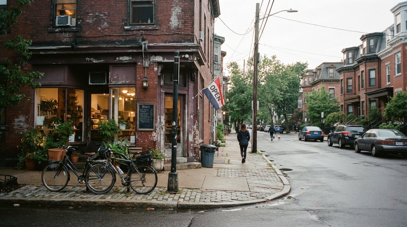 A neighborhood corner shop, bicycles and a sidewalk lined with homes.