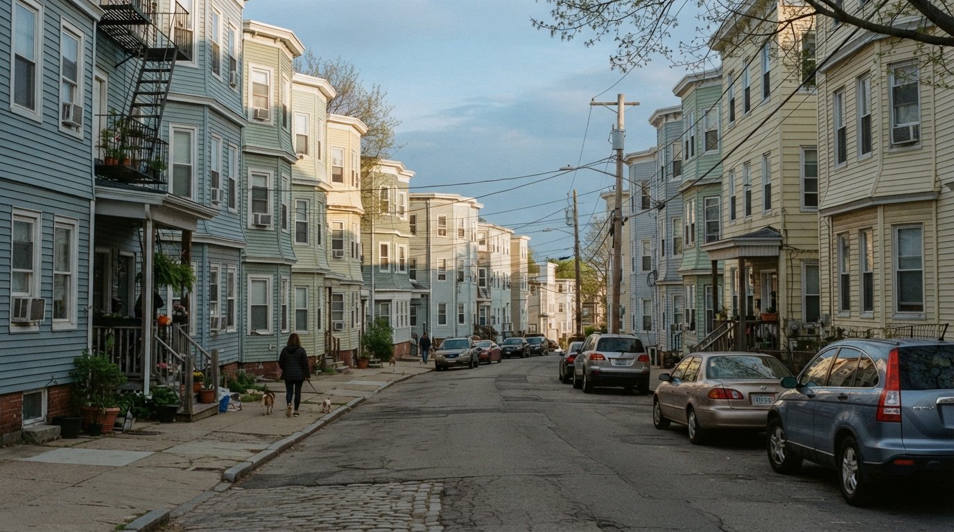 A sloping residential street with closely spaced multifamily homes and parked cars.