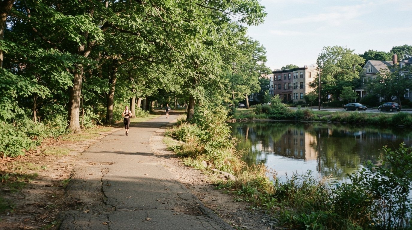 People on a tree-shaded path beside water and neighborhood homes.