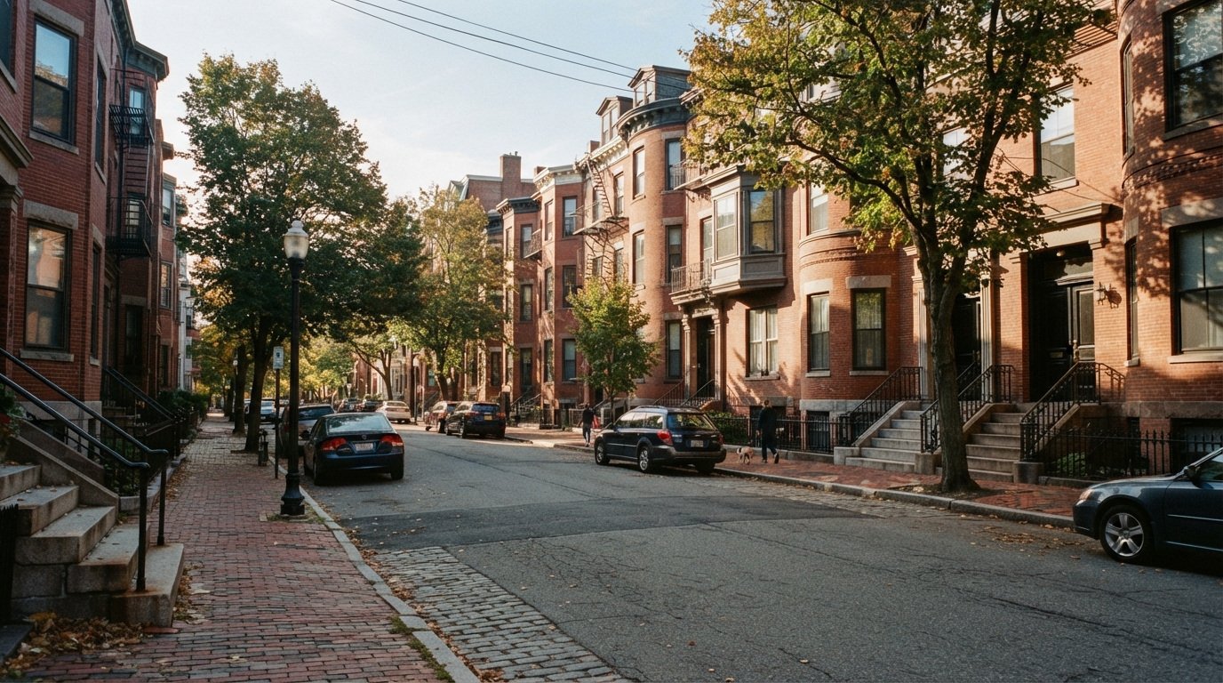 Brick rowhouses along a neighborhood street A tree-lined street with brick rowhouses, entrance steps and parked cars.
