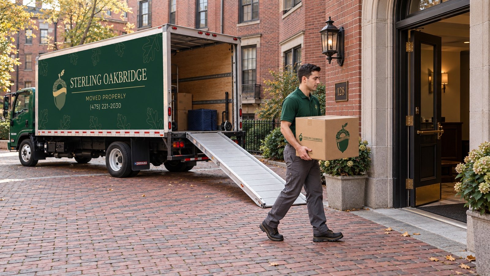 Carrying a carton from the open truck to the entrance A mover carrying a carton toward an open entrance, with a loading ramp attached to the truck's open rear.