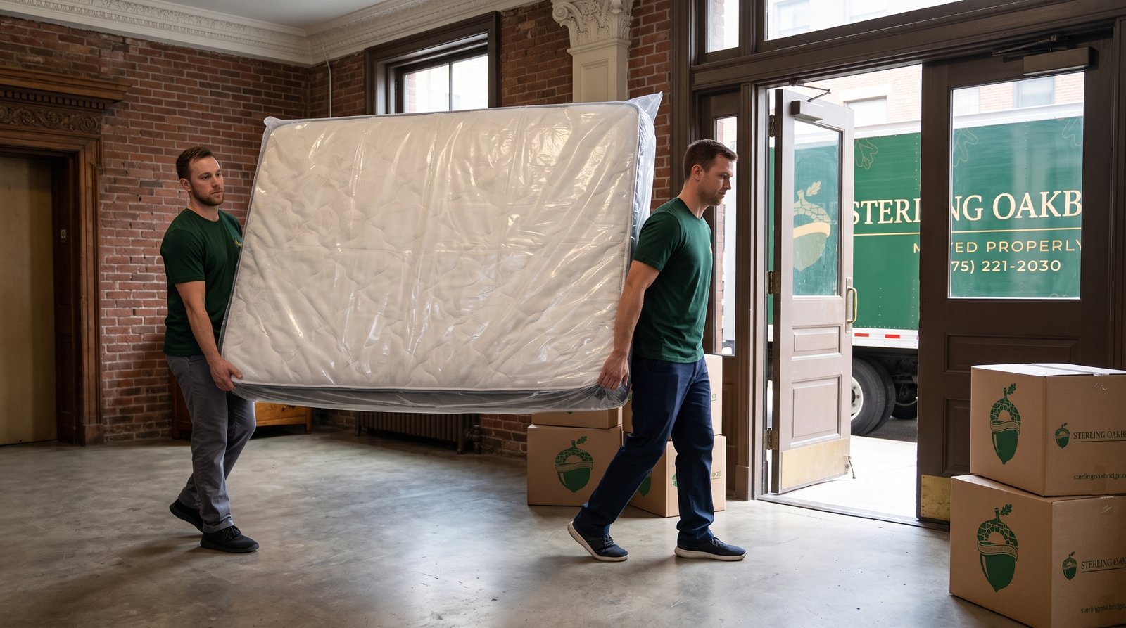 Carrying a protected mattress through the doorway Two movers carrying a protected mattress upright toward an open doorway.
