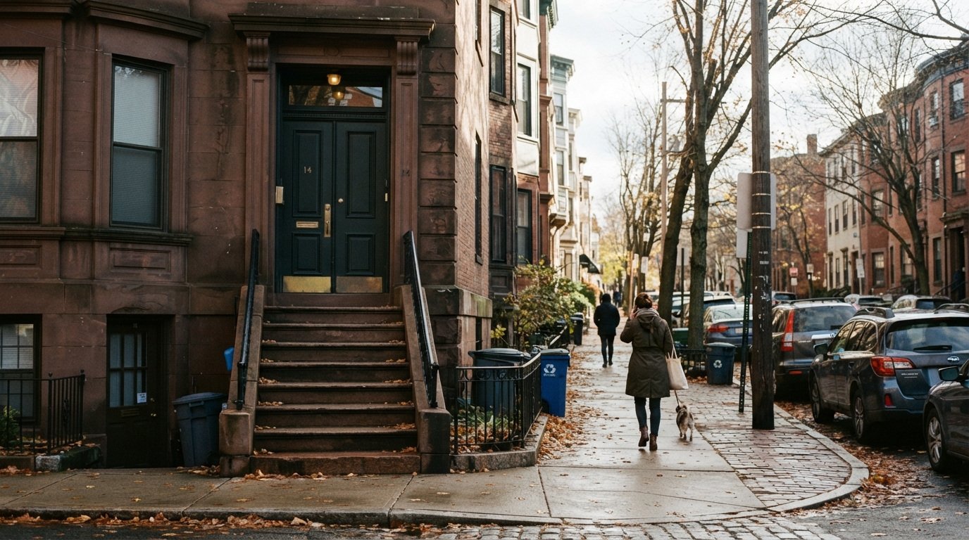 Exterior steps at a brownstone entrance A brownstone entrance reached by exterior steps beside a brick sidewalk.
